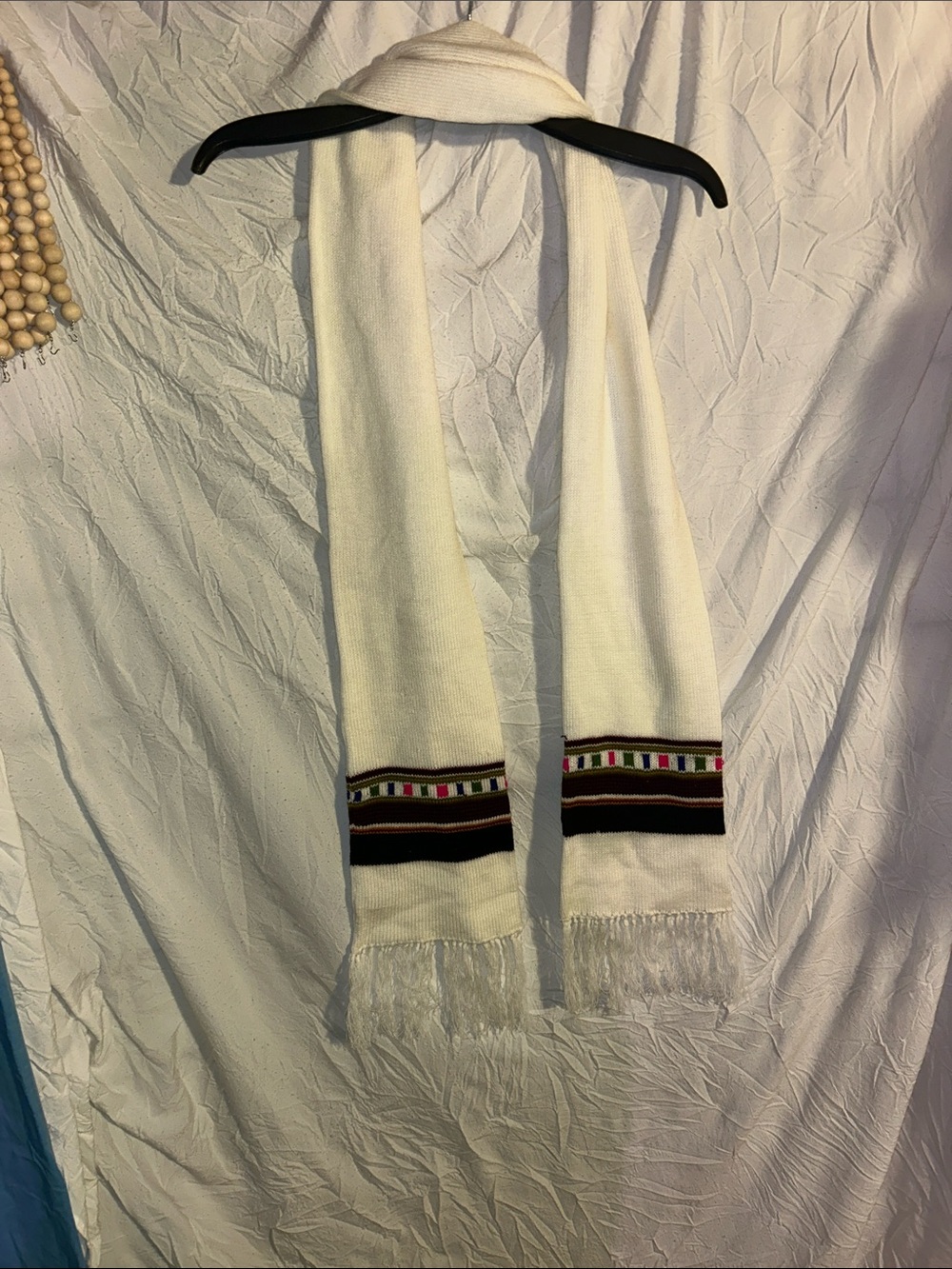Vintage White Fringe Scarf with Multicolor Accent - Women Accessories
